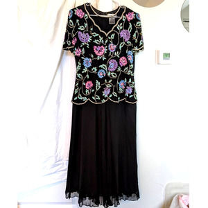 adrianna papell evening 100% silk dress 14 beaded